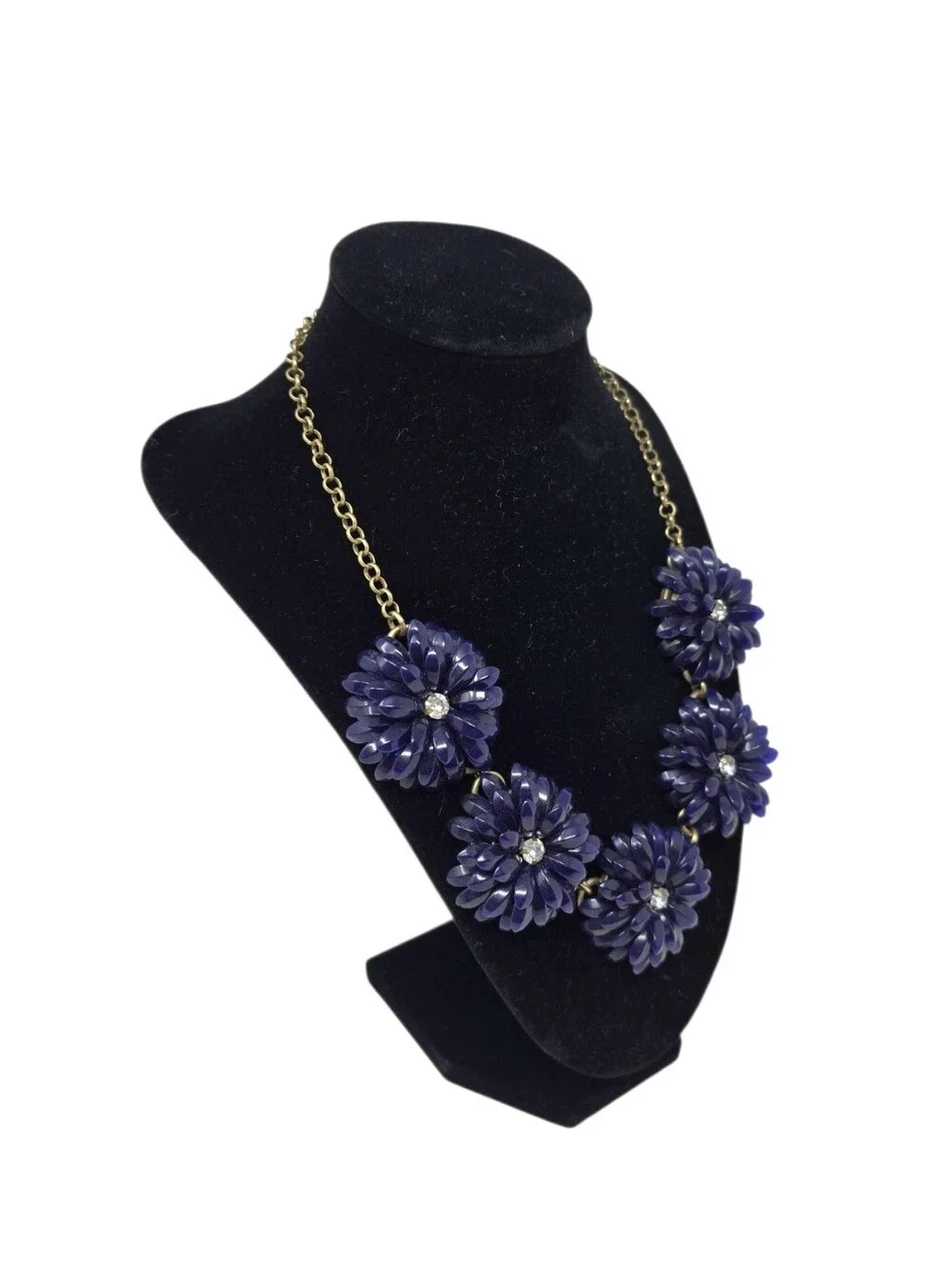 J Crew Articulated Petals & Rhinestone Gold Tone Chain Statement Necklace Navy